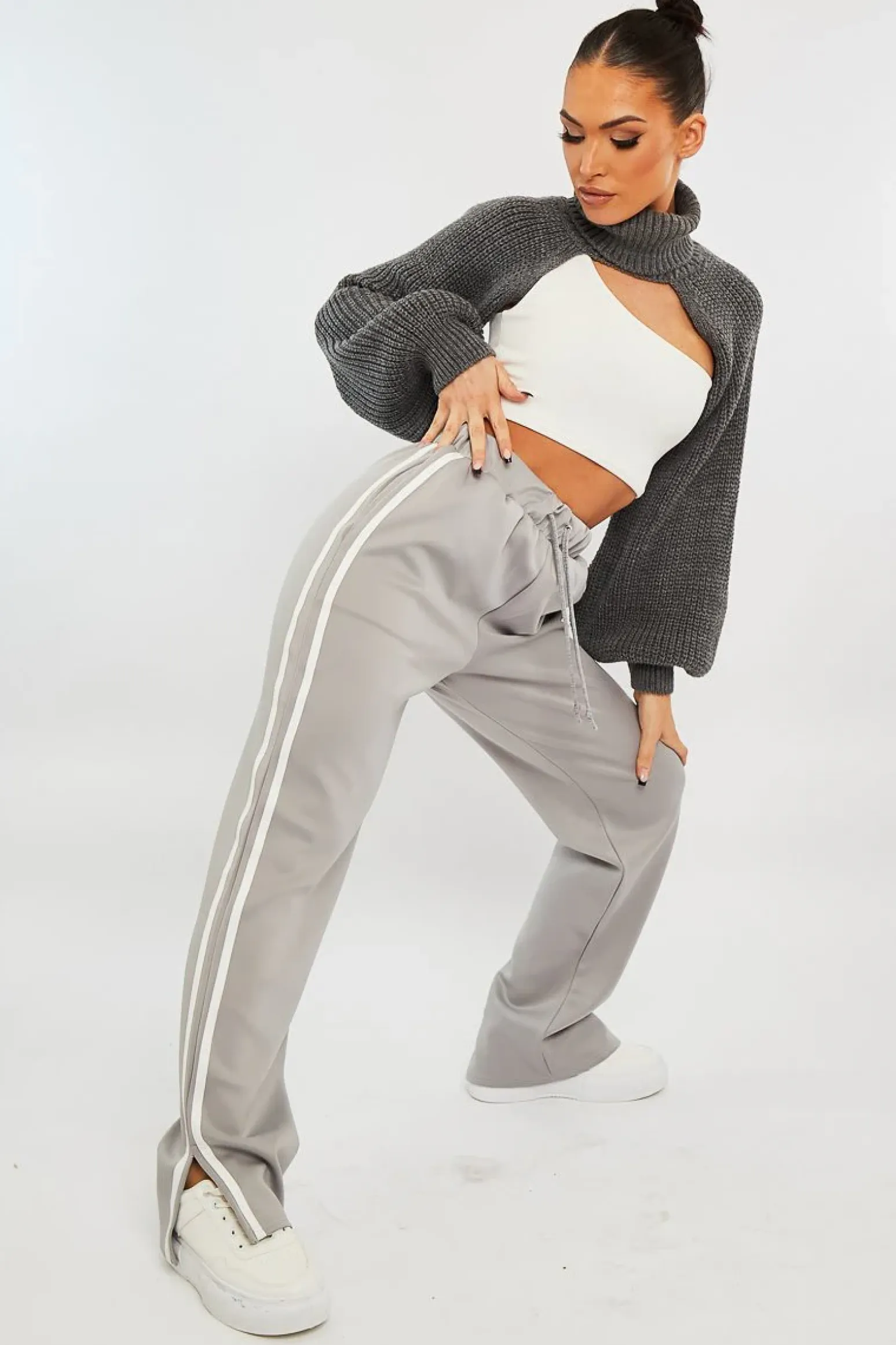 Rebellious Fashion Grey Side Stripe Split Hem Wide Leg Joggers - Karris