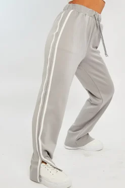Rebellious Fashion Grey Side Stripe Split Hem Wide Leg Joggers - Karris