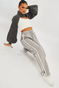 Rebellious Fashion Grey Side Stripe Split Hem Wide Leg Joggers - Karris