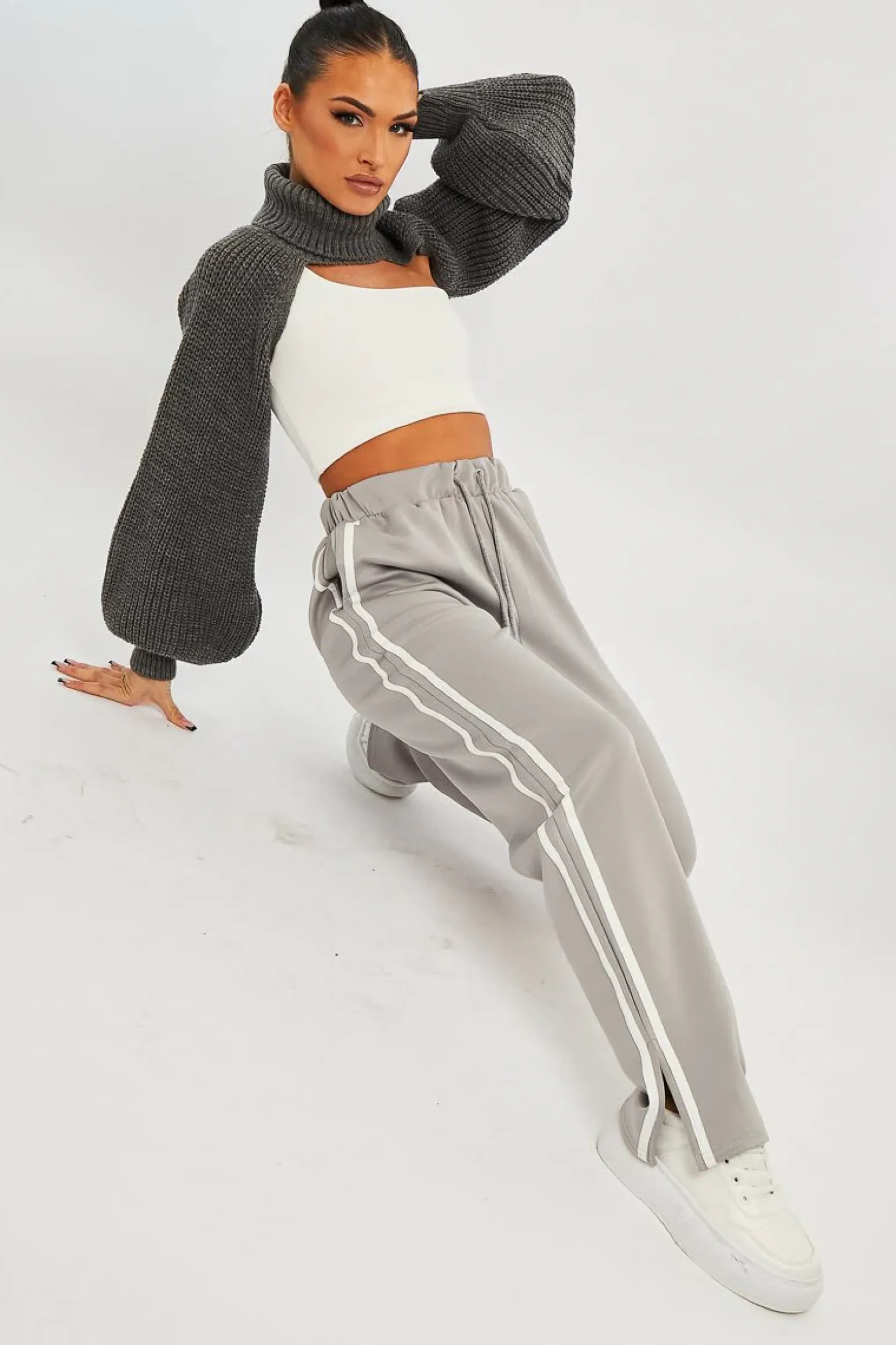 Rebellious Fashion Grey Side Stripe Split Hem Wide Leg Joggers - Karris