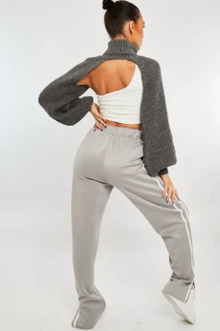 Rebellious Fashion Grey Side Stripe Split Hem Wide Leg Joggers - Karris