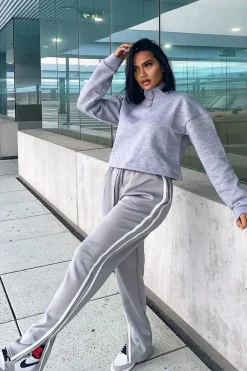 Rebellious Fashion Grey Side Stripe Split Hem Wide Leg Joggers - Karris