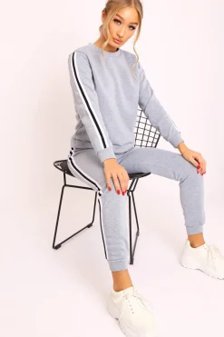 Rebellious Fashion Grey Side Stripe Sweater and Joggers Tracksuit - Jilliana