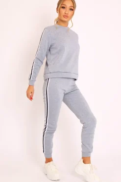 Rebellious Fashion Grey Side Stripe Sweater and Joggers Tracksuit - Jilliana