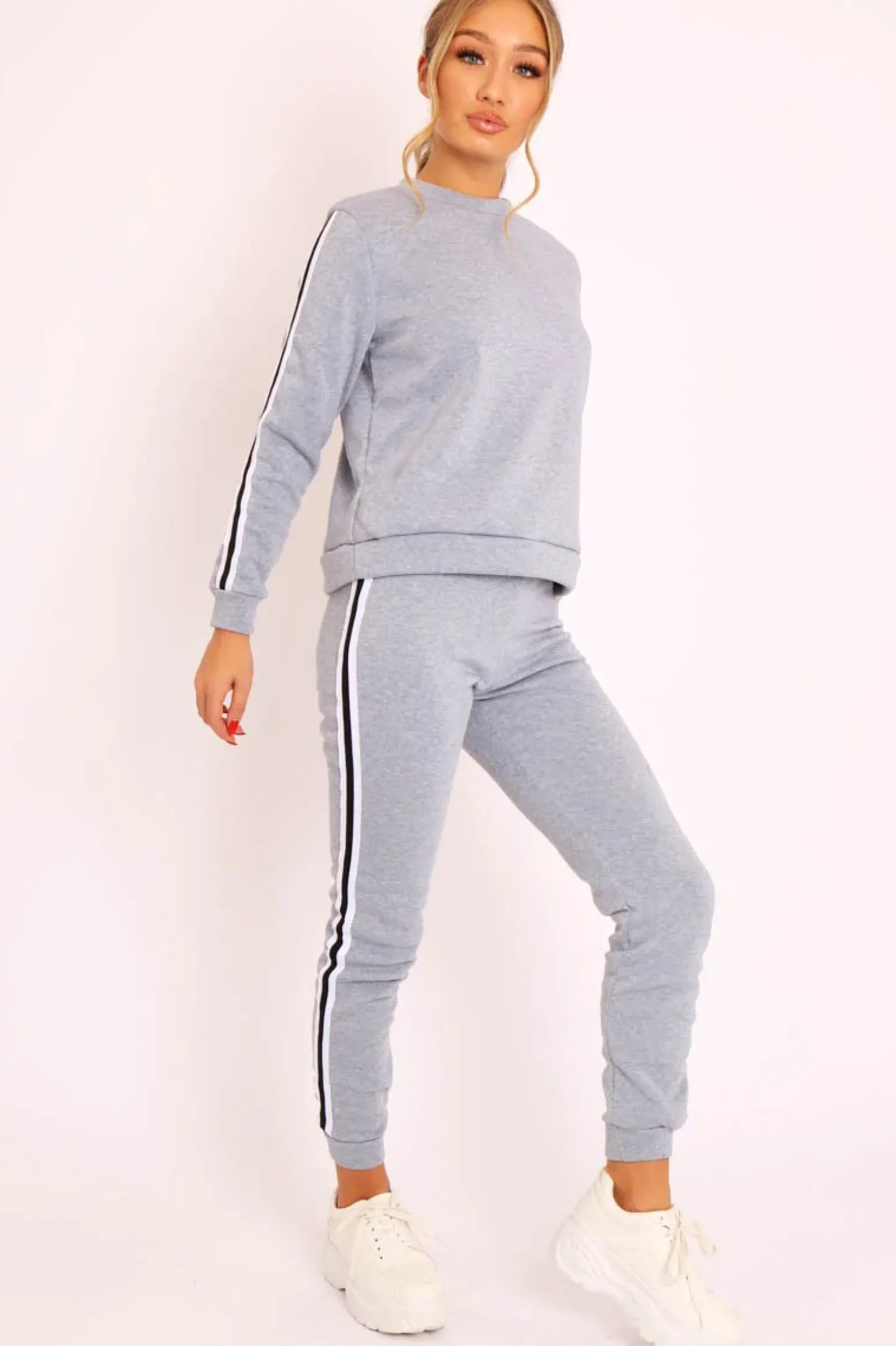Rebellious Fashion Grey Side Stripe Sweater and Joggers Tracksuit - Jilliana
