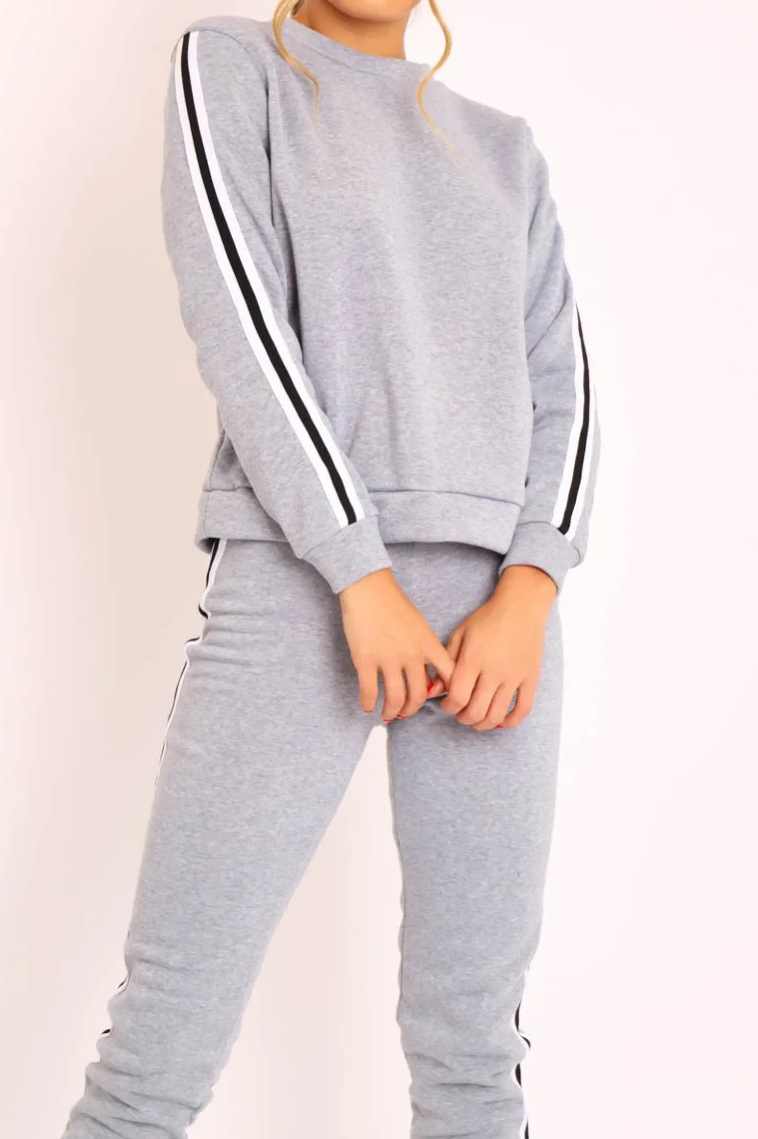 Rebellious Fashion Grey Side Stripe Sweater and Joggers Tracksuit - Jilliana