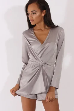 Rebellious Fashion Grey Silky Front Twist Playsuit - Venus