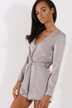 Rebellious Fashion Grey Silky Front Twist Playsuit - Venus