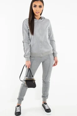 Rebellious Fashion Grey Silver Stripe Detail Hooded Tracksuit - Daelyn