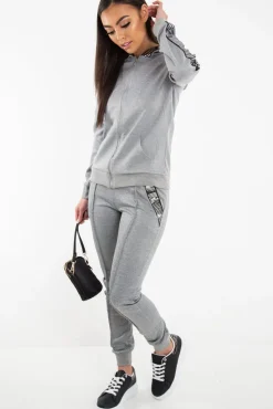 Rebellious Fashion Grey Silver Stripe Detail Hooded Tracksuit - Daelyn