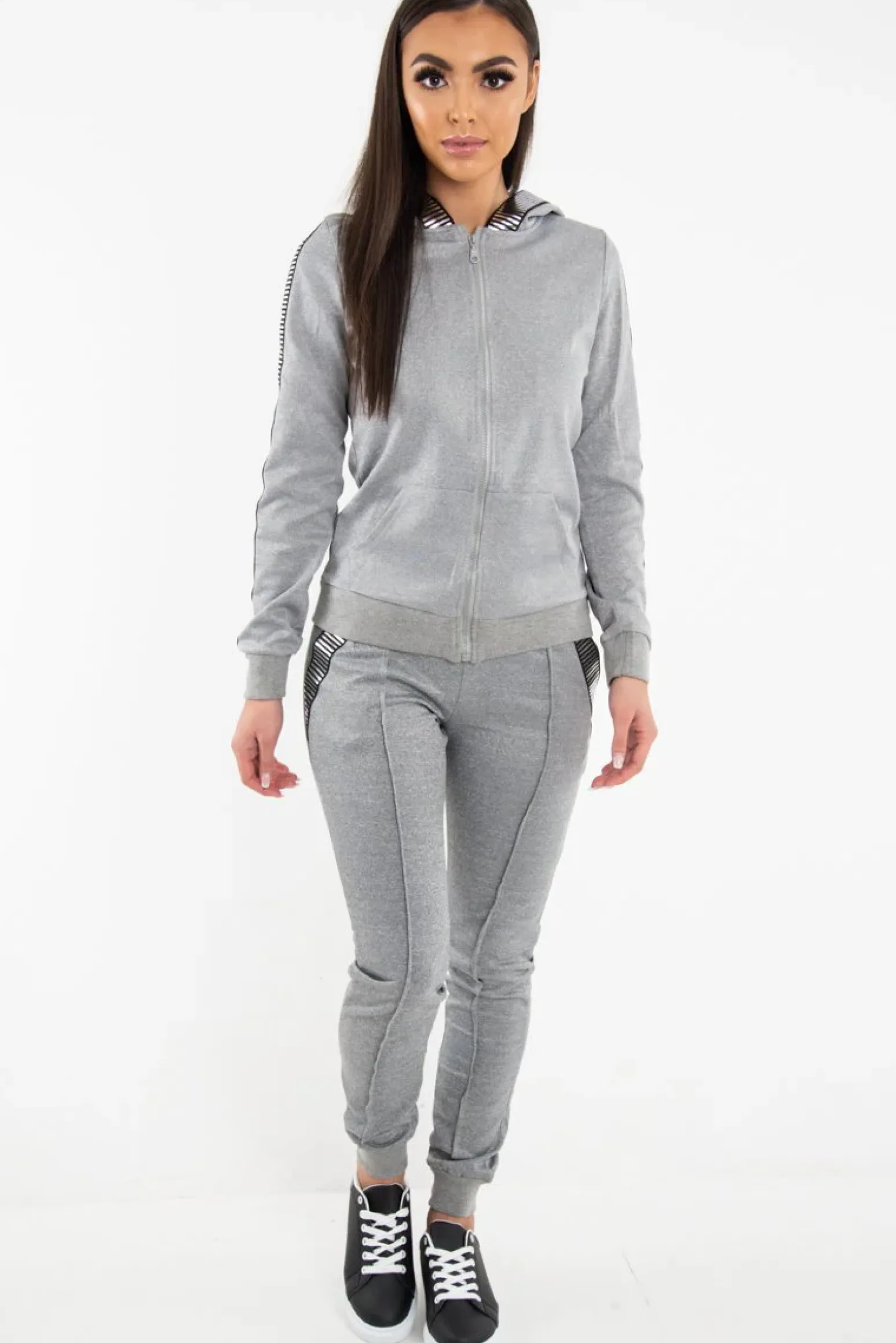 Rebellious Fashion Grey Silver Stripe Detail Hooded Tracksuit - Daelyn