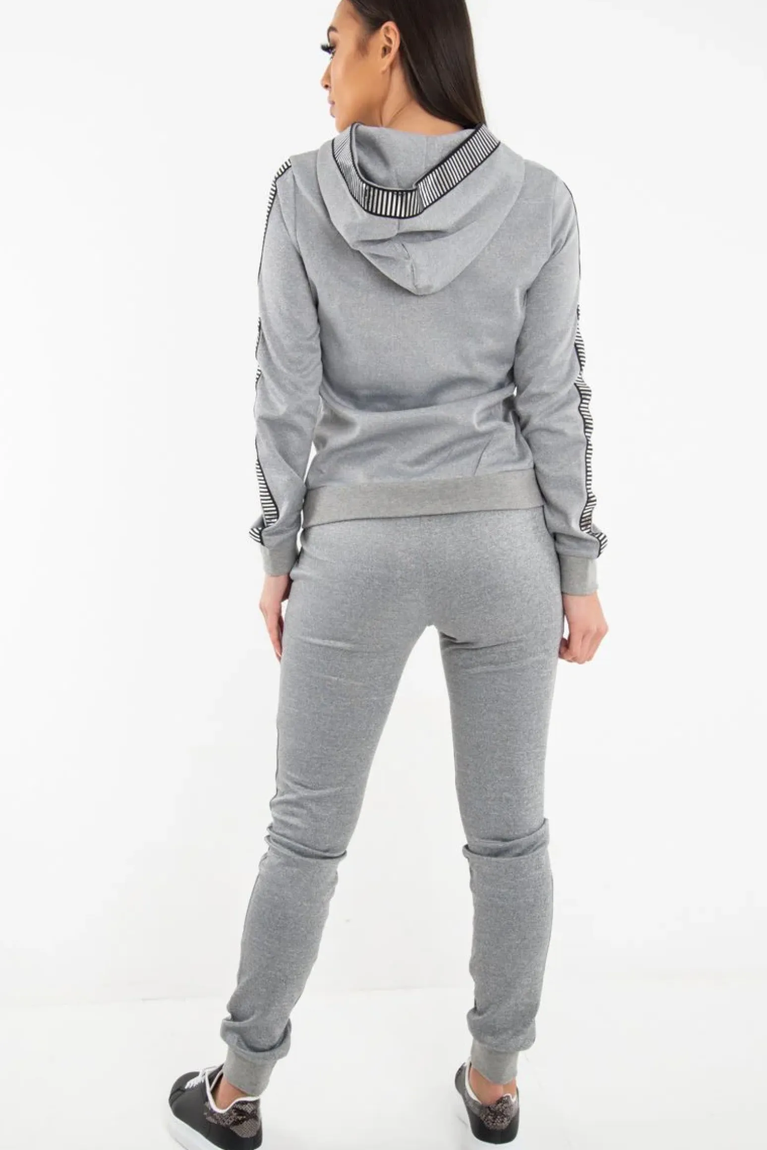 Rebellious Fashion Grey Silver Stripe Detail Hooded Tracksuit - Daelyn