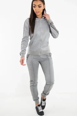 Rebellious Fashion Grey Silver Stripe Detail Hooded Tracksuit - Daelyn