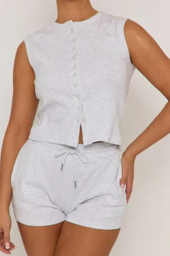 Rebellious Fashion Grey Sleeveless Button Front Rib Top and Short Co-ord Set - Zita