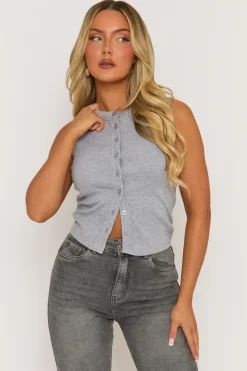 Rebellious Fashion Grey Sleeveless Button Up Rib Top - Nikolina