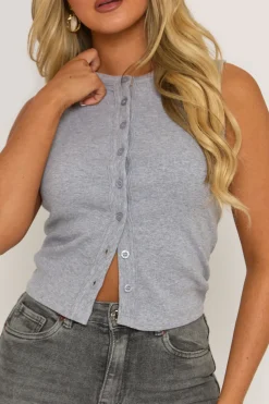 Rebellious Fashion Grey Sleeveless Button Up Rib Top - Nikolina