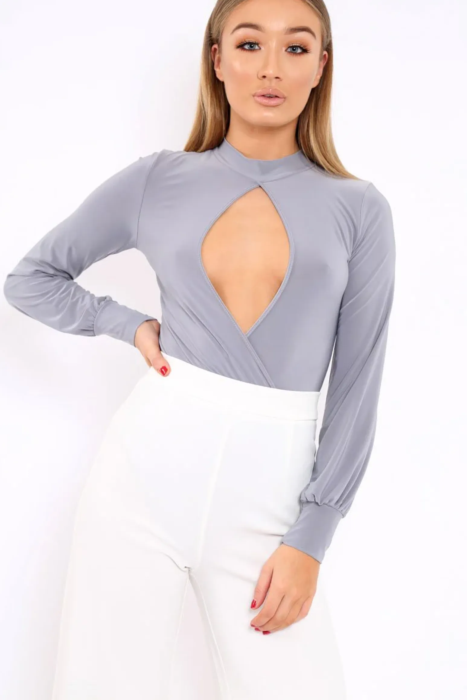 Rebellious Fashion Grey Slinky Key Hole Wrap Front Bodysuit - Tazmin