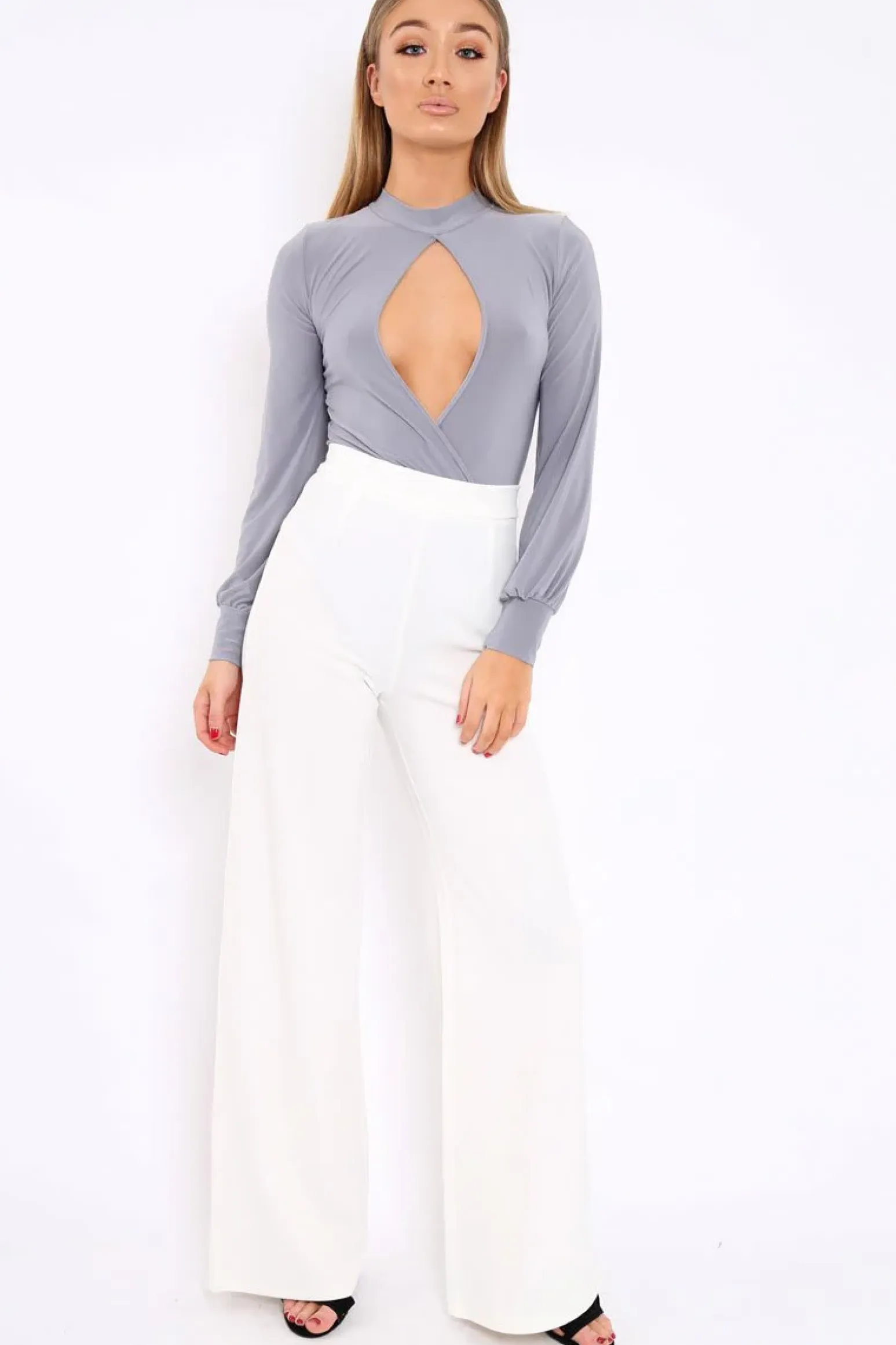 Rebellious Fashion Grey Slinky Key Hole Wrap Front Bodysuit - Tazmin