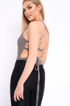 Rebellious Fashion Grey Slinky Lace Up Back Bodysuit - Danella