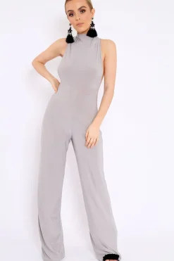 Rebellious Fashion Grey Slinky Low Side Jumpsuit - Ivannah