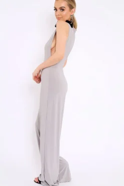 Rebellious Fashion Grey Slinky Low Side Jumpsuit - Ivannah
