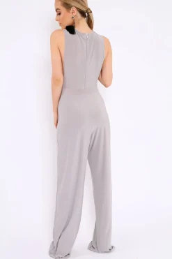 Rebellious Fashion Grey Slinky Low Side Jumpsuit - Ivannah