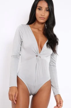 Rebellious Fashion Grey Slinky Twist Front Bodysuit - Gretchen