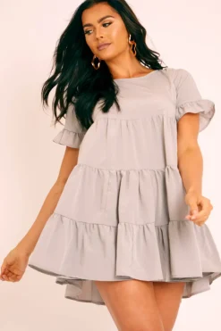 Rebellious Fashion Grey Smock Tiered Frill Sleeve Mini Dress - Olah