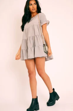Rebellious Fashion Grey Smock Tiered Frill Sleeve Mini Dress - Olah