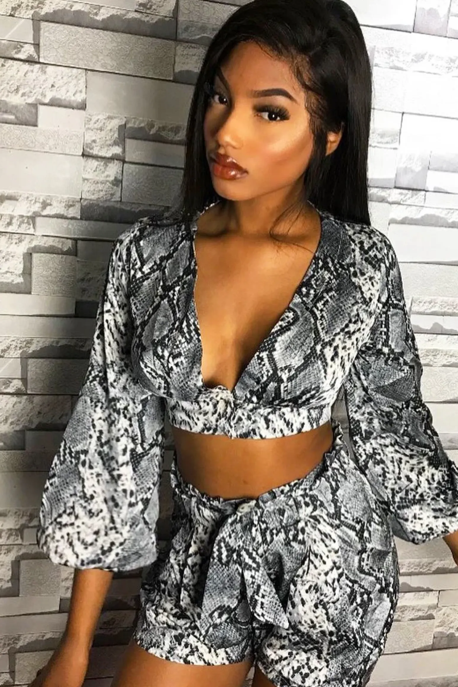 Rebellious Fashion Grey Snake Blouse and Paper Bag Shorts Co-Ord - Jasly