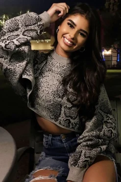 Rebellious Fashion Grey Snake Cropped Batwing Jumper - Lizy