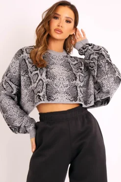 Rebellious Fashion Grey Snake Cropped Batwing Jumper - Lizy