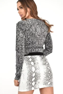 Rebellious Fashion Grey Snake Plisse Plunge Twist Front Crop Top - Paolina