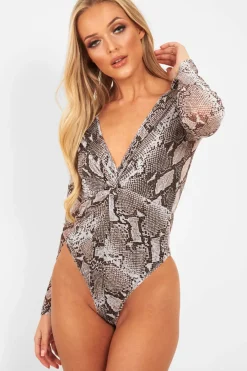 Rebellious Fashion Grey Snake Plunge Sheer Sleeve Bodysuit - Ilianna