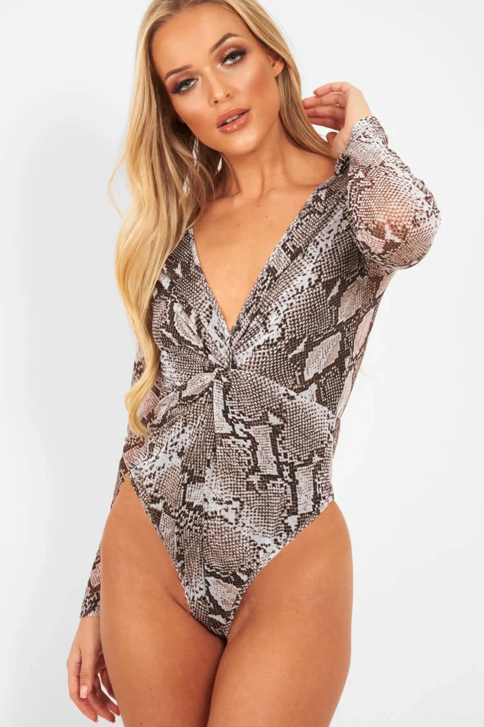 Rebellious Fashion Grey Snake Plunge Sheer Sleeve Bodysuit - Ilianna