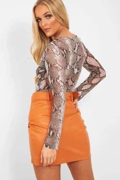 Rebellious Fashion Grey Snake Plunge Sheer Sleeve Bodysuit - Ilianna