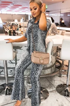 Rebellious Fashion Grey Snake Print High Waisted Flare Trousers And Shirt Co-ord - Colynn