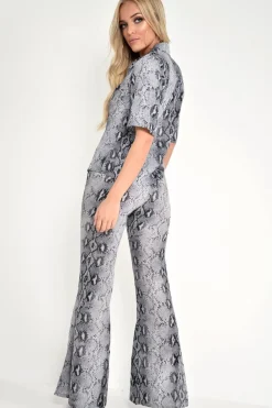 Rebellious Fashion Grey Snake Print High Waisted Flare Trousers And Shirt Co-ord - Colynn