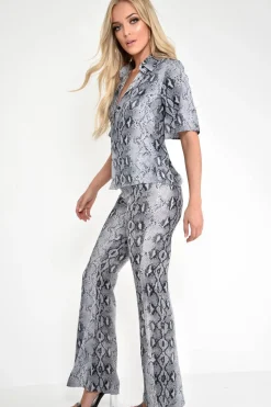 Rebellious Fashion Grey Snake Print High Waisted Flare Trousers And Shirt Co-ord - Colynn
