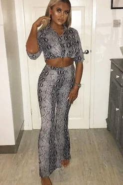 Rebellious Fashion Grey Snake Print High Waisted Flare Trousers And Shirt Co-ord - Colynn