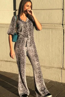 Rebellious Fashion Grey Snake Print High Waisted Flare Trousers And Shirt Co-ord - Colynn