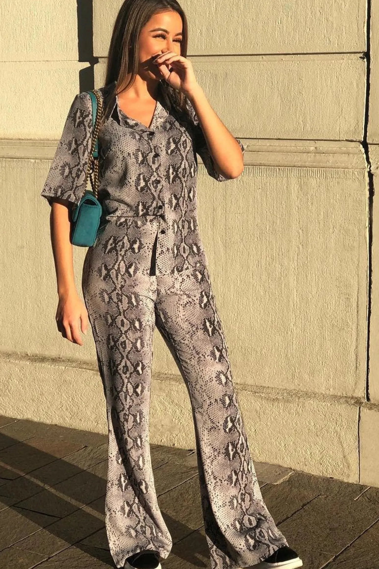 Rebellious Fashion Grey Snake Print High Waisted Flare Trousers And Shirt Co-ord - Colynn