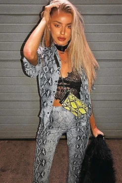 Rebellious Fashion Grey Snake Print High Waisted Flare Trousers And Shirt Co-ord - Colynn