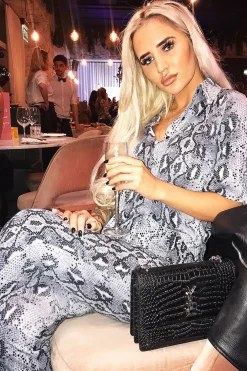 Rebellious Fashion Grey Snake Print High Waisted Flare Trousers And Shirt Co-ord - Colynn