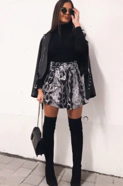 Rebellious Fashion Grey Snake Print Paper Bag Waist Shorts - Lilybeth