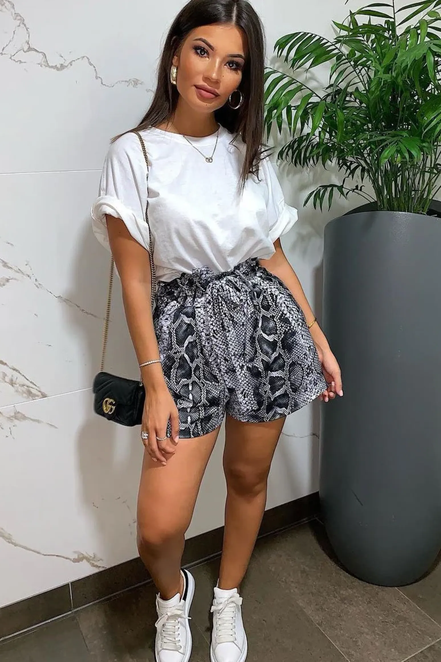 Rebellious Fashion Grey Snake Print Paper Bag Waist Shorts - Lilybeth