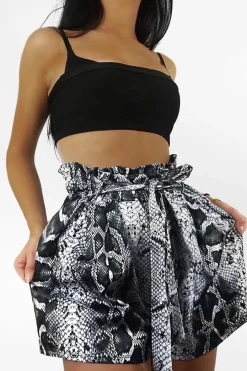 Rebellious Fashion Grey Snake Print Paper Bag Waist Shorts - Lilybeth
