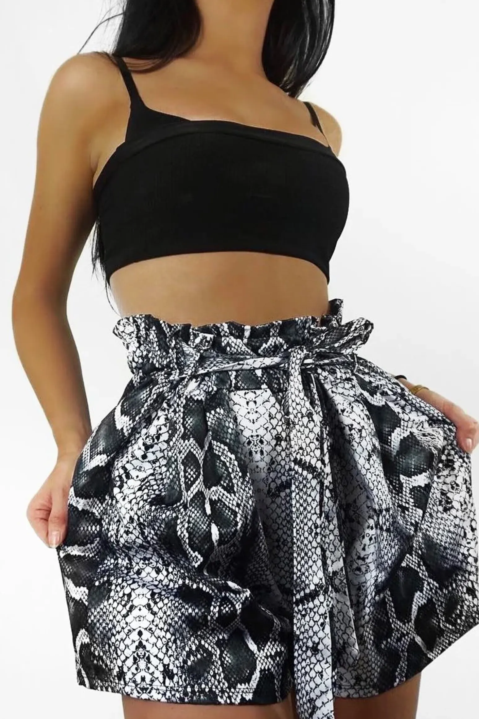 Rebellious Fashion Grey Snake Print Paper Bag Waist Shorts - Lilybeth