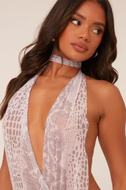 Rebellious Fashion Grey Snake Print Plunge Neck Backless Mini Dress - Janece