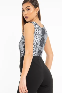 Rebellious Fashion Grey Snake Print Sleeveless Bodysuit - Payge